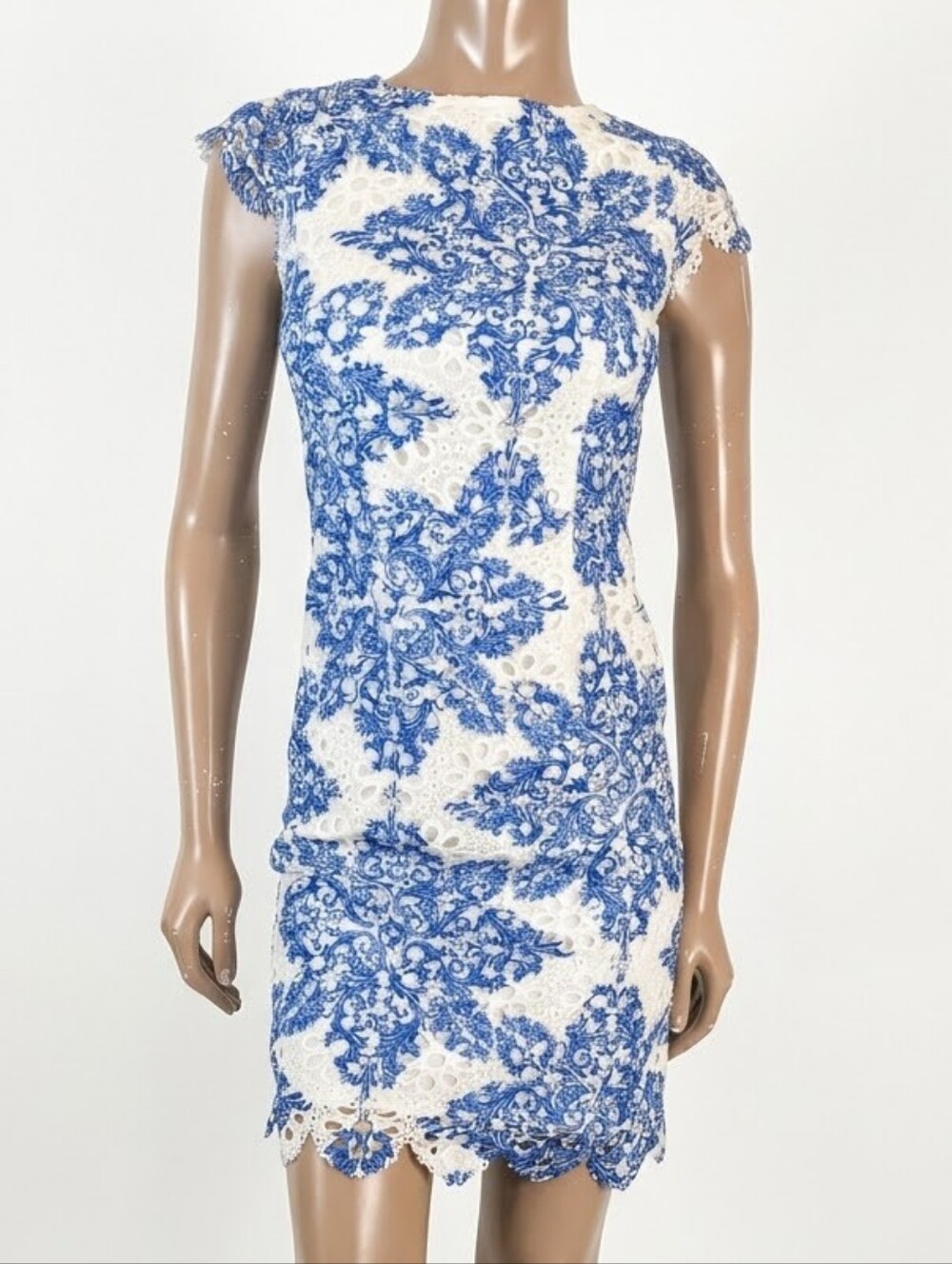 Darling London Damask Lace Vneck Cap Sleeve Sheath Dress Size 6 Blue White